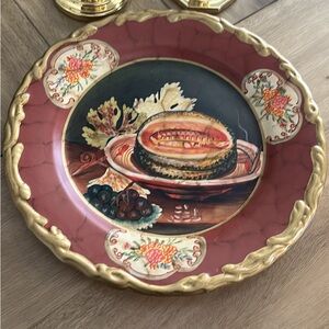 Raymond Waites Decorative Plate – Burgundy & Gold Fruit Design